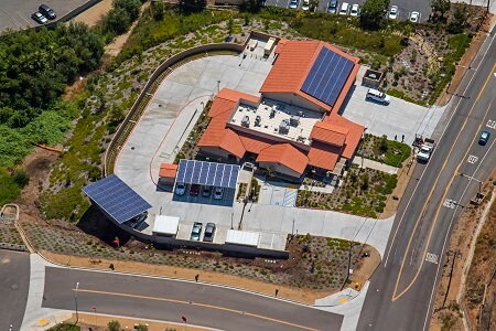 Aerial photo of NCFPD station with solar panels on roof and carports