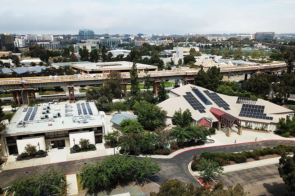 Aerial photo of solar panels on Good Samaritan Episcopal Church rooftop