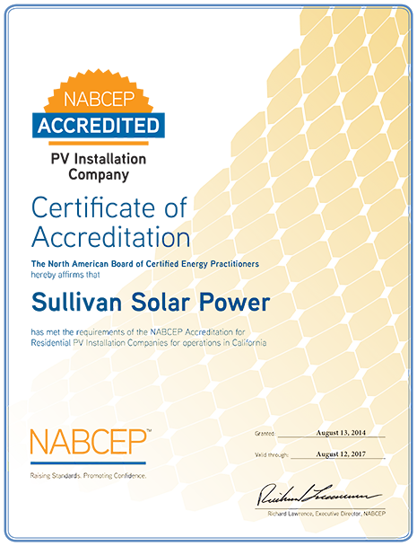 Sullivan Solar Power NABCEP Accreditation Cert